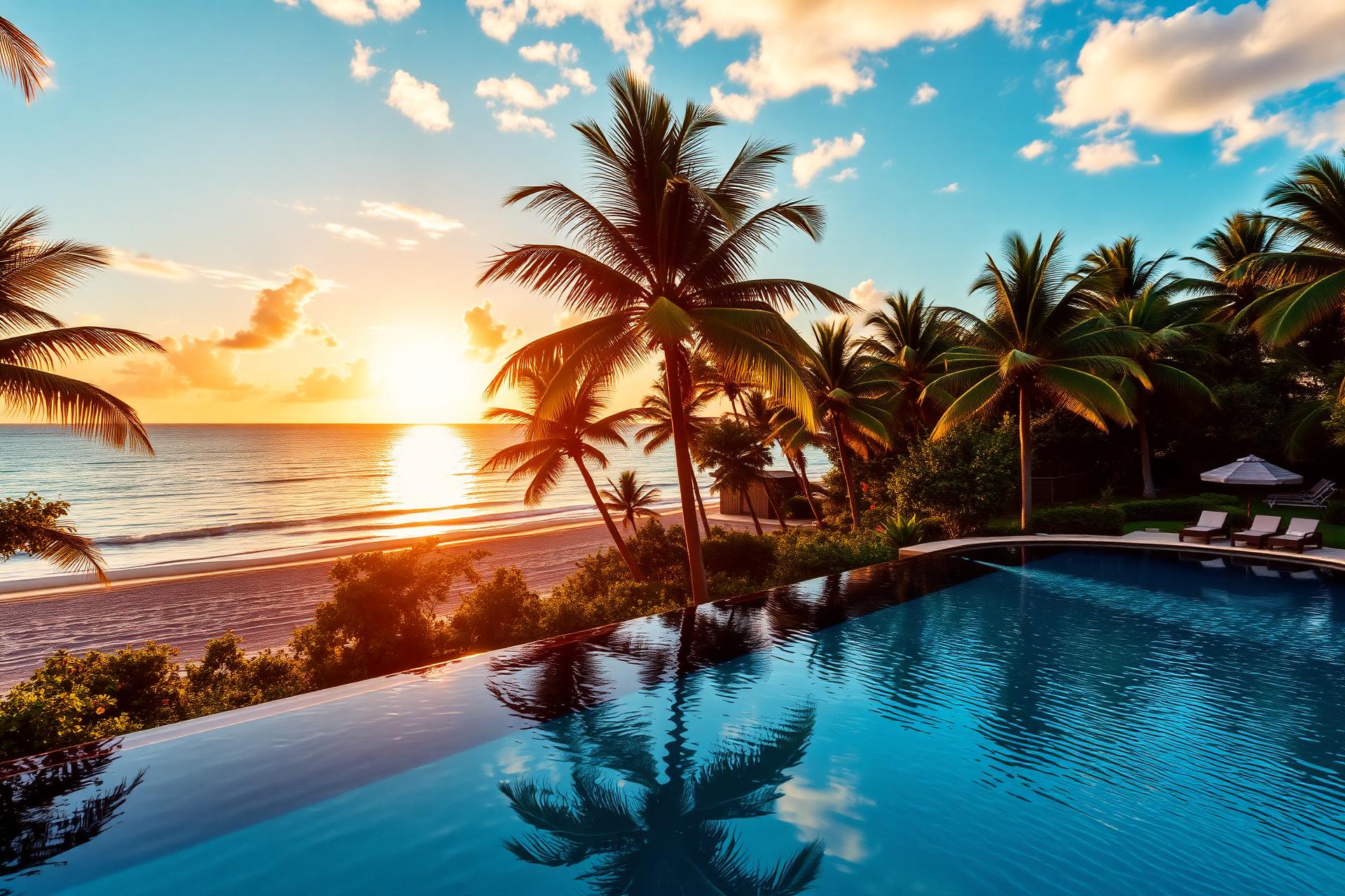 Resort frente al mar al atardecer