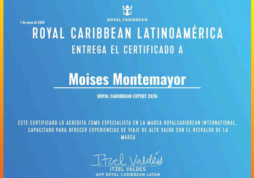 Certificado Royal Caribbean Expert 2026 otorgado a Moisés Montemayor
